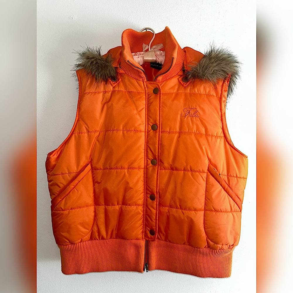 Orange Puffer Vest with Faux Fur Trim